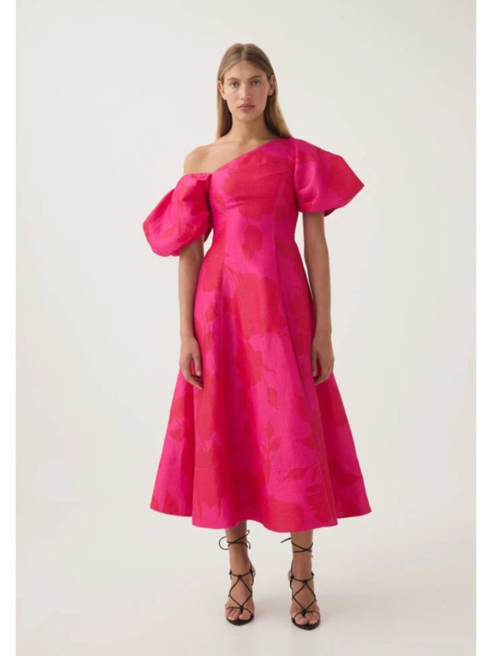 Aje Arista Tulip Sleeve Midi Dress in Florescent Rose Pink